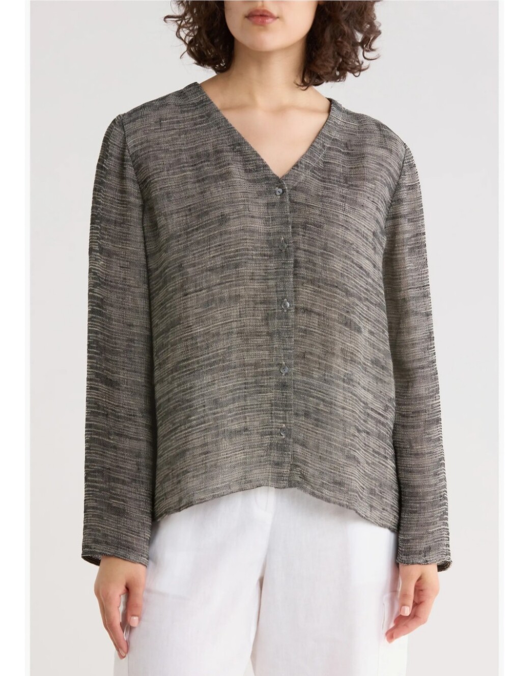 Eileen Fisher Linen  Textured V-Neck Button Front Blouse Sz M